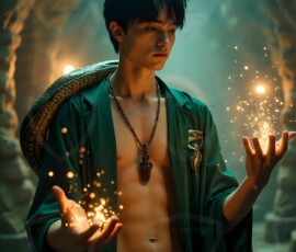 AI-generated wizards of the serpent house handsome shirtless mages of the wizard academy conjuring demonic snakes in dark cinematic UHD fantasy art.