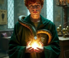 AI-generated wizards of the serpent house handsome shirtless mages of the wizard academy conjuring demonic snakes in dark cinematic UHD fantasy art.