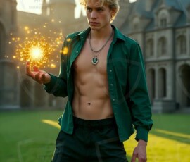 AI-generated wizards of the serpent house handsome shirtless mages of the wizard academy conjuring demonic snakes in dark cinematic UHD fantasy art.