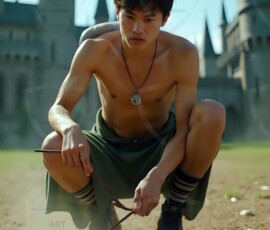 AI-generated wizards of the serpent house handsome shirtless mages of the wizard academy conjuring demonic snakes in dark cinematic UHD fantasy art.
