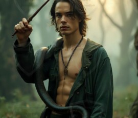 AI-generated wizards of the serpent house handsome shirtless mages of the wizard academy conjuring demonic snakes in dark cinematic UHD fantasy art.