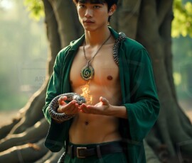 AI-generated wizards of the serpent house handsome shirtless mages of the wizard academy conjuring demonic snakes in dark cinematic UHD fantasy art.