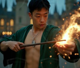 AI-generated wizards of the serpent house handsome shirtless mages of the wizard academy conjuring demonic snakes in dark cinematic UHD fantasy art.