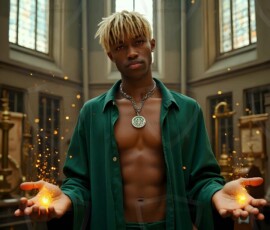 AI-generated wizards of the serpent house handsome shirtless mages of the wizard academy conjuring demonic snakes in dark cinematic UHD fantasy art.