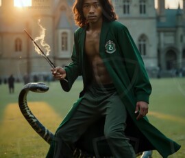 AI-generated wizards of the serpent house handsome shirtless mages of the wizard academy conjuring demonic snakes in dark cinematic UHD fantasy art.