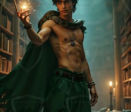 AI-generated wizards of the serpent house handsome shirtless mages of the wizard academy conjuring demonic snakes in dark cinematic UHD fantasy art.