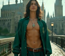 AI-generated wizards of the serpent house handsome shirtless mages of the wizard academy conjuring demonic snakes in dark cinematic UHD fantasy art.