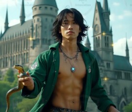 AI-generated wizards of the serpent house handsome shirtless mages of the wizard academy conjuring demonic snakes in dark cinematic UHD fantasy art.
