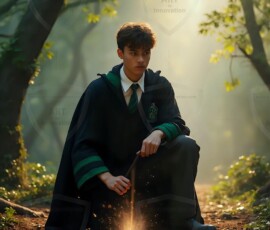 AI-generated wizards of the serpent house handsome shirtless mages of the wizard academy conjuring demonic snakes in dark cinematic UHD fantasy art.