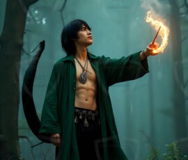 AI-generated wizards of the serpent house handsome shirtless mages of the wizard academy conjuring demonic snakes in dark cinematic UHD fantasy art.