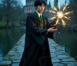 AI-generated wizards of the serpent house handsome shirtless mages of the wizard academy conjuring demonic snakes in dark cinematic UHD fantasy art.