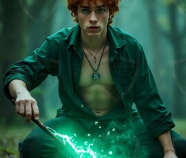 AI-generated wizards of the serpent house handsome shirtless mages of the wizard academy conjuring demonic snakes in dark cinematic UHD fantasy art.