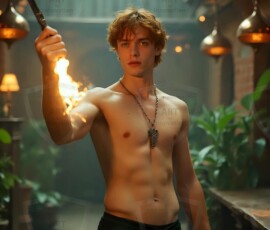AI-generated wizards of the serpent house handsome shirtless mages of the wizard academy conjuring demonic snakes in dark cinematic UHD fantasy art.