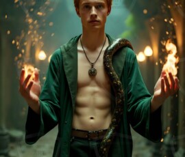 AI-generated wizards of the serpent house handsome shirtless mages of the wizard academy conjuring demonic snakes in dark cinematic UHD fantasy art.