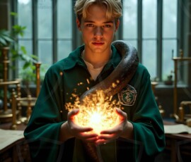 AI-generated wizards of the serpent house handsome shirtless mages of the wizard academy conjuring demonic snakes in dark cinematic UHD fantasy art.