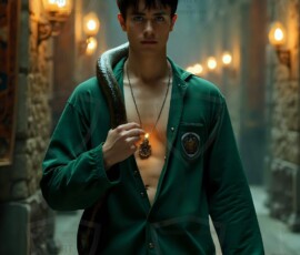 AI-generated wizards of the serpent house handsome shirtless mages of the wizard academy conjuring demonic snakes in dark cinematic UHD fantasy art.