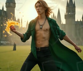 AI-generated wizards of the serpent house handsome shirtless mages of the wizard academy conjuring demonic snakes in dark cinematic UHD fantasy art.