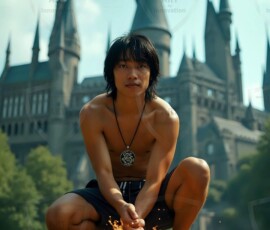 AI-generated wizards of the serpent house handsome shirtless mages of the wizard academy conjuring demonic snakes in dark cinematic UHD fantasy art.