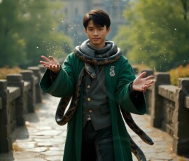 AI-generated wizards of the serpent house handsome shirtless mages of the wizard academy conjuring demonic snakes in dark cinematic UHD fantasy art.