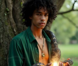 AI-generated wizards of the serpent house handsome shirtless mages of the wizard academy conjuring demonic snakes in dark cinematic UHD fantasy art.