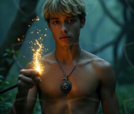 AI-generated wizards of the serpent house handsome shirtless mages of the wizard academy conjuring demonic snakes in dark cinematic UHD fantasy art.
