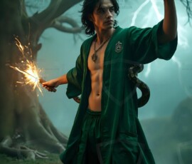 AI-generated wizards of the serpent house handsome shirtless mages of the wizard academy conjuring demonic snakes in dark cinematic UHD fantasy art.