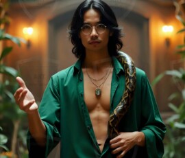 AI-generated wizards of the serpent house handsome shirtless mages of the wizard academy conjuring demonic snakes in dark cinematic UHD fantasy art.