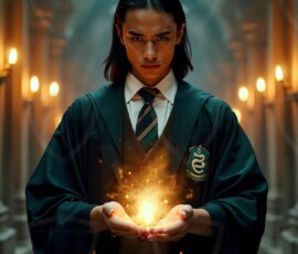 AI-generated wizards of the serpent house handsome shirtless mages of the wizard academy conjuring demonic snakes in dark cinematic UHD fantasy art.