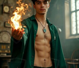 AI-generated wizards of the serpent house handsome shirtless mages of the wizard academy conjuring demonic snakes in dark cinematic UHD fantasy art.
