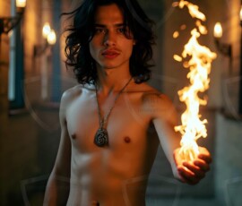 AI-generated wizards of the serpent house handsome shirtless mages of the wizard academy conjuring demonic snakes in dark cinematic UHD fantasy art.