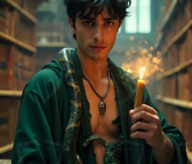 AI-generated wizards of the serpent house handsome shirtless mages of the wizard academy conjuring demonic snakes in dark cinematic UHD fantasy art.