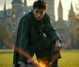 AI-generated wizards of the serpent house handsome shirtless mages of the wizard academy conjuring demonic snakes in dark cinematic UHD fantasy art.