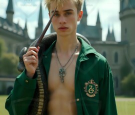 AI-generated wizards of the serpent house handsome shirtless mages of the wizard academy conjuring demonic snakes in dark cinematic UHD fantasy art.