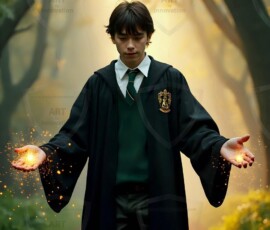 AI-generated wizards of the serpent house handsome shirtless mages of the wizard academy conjuring demonic snakes in dark cinematic UHD fantasy art.