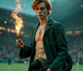AI-generated wizards of the serpent house — handsome shirtless mages of the wizard academy conjuring demonic snakes in dark cinematic UHD fantasy art.