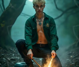 AI-generated wizards of the serpent house handsome shirtless mages of the wizard academy conjuring demonic snakes in dark cinematic UHD fantasy art.