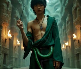 AI-generated wizards of the serpent house — handsome shirtless mages of the wizard academy conjuring demonic snakes in dark cinematic UHD fantasy art.