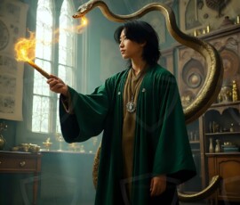 AI-generated wizards of the serpent house handsome shirtless mages of the wizard academy conjuring demonic snakes in dark cinematic UHD fantasy art.