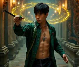 AI-generated wizards of the serpent house handsome shirtless mages of the wizard academy conjuring demonic snakes in dark cinematic UHD fantasy art.