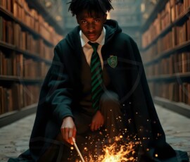 AI-generated wizards of the serpent house handsome shirtless mages of the wizard academy conjuring demonic snakes in dark cinematic UHD fantasy art.