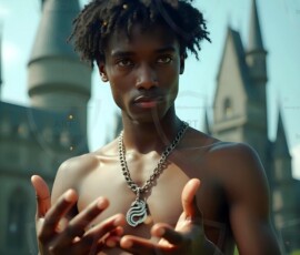 AI-generated wizards of the serpent house handsome shirtless mages of the wizard academy conjuring demonic snakes in dark cinematic UHD fantasy art.