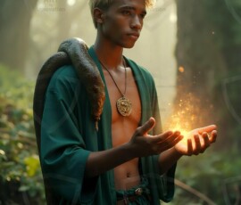 AI-generated wizards of the serpent house handsome shirtless mages of the wizard academy conjuring demonic snakes in dark cinematic UHD fantasy art.