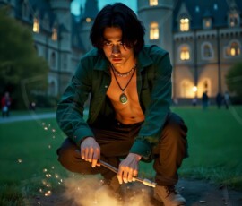 AI-generated wizards of the serpent house — handsome shirtless mages of the wizard academy conjuring demonic snakes in dark cinematic UHD fantasy art.