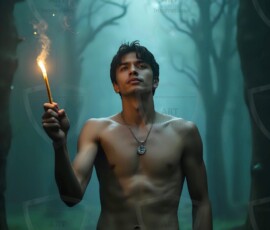 AI-generated wizards of the serpent house handsome shirtless mages of the wizard academy conjuring demonic snakes in dark cinematic UHD fantasy art.