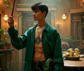 AI-generated wizards of the serpent house handsome shirtless mages of the wizard academy conjuring demonic snakes in dark cinematic UHD fantasy art.