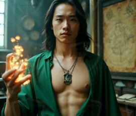 AI-generated wizards of the serpent house handsome shirtless mages of the wizard academy conjuring demonic snakes in dark cinematic UHD fantasy art.
