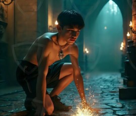 AI-generated wizards of the serpent house handsome shirtless mages of the wizard academy conjuring demonic snakes in dark cinematic UHD fantasy art.