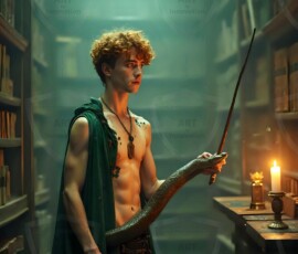 AI-generated wizards of the serpent house handsome shirtless mages of the wizard academy conjuring demonic snakes in dark cinematic UHD fantasy art.