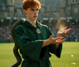 AI-generated wizards of the serpent house handsome shirtless mages of the wizard academy conjuring demonic snakes in dark cinematic UHD fantasy art.