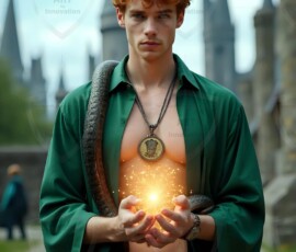 AI-generated wizards of the serpent house handsome shirtless mages of the wizard academy conjuring demonic snakes in dark cinematic UHD fantasy art.